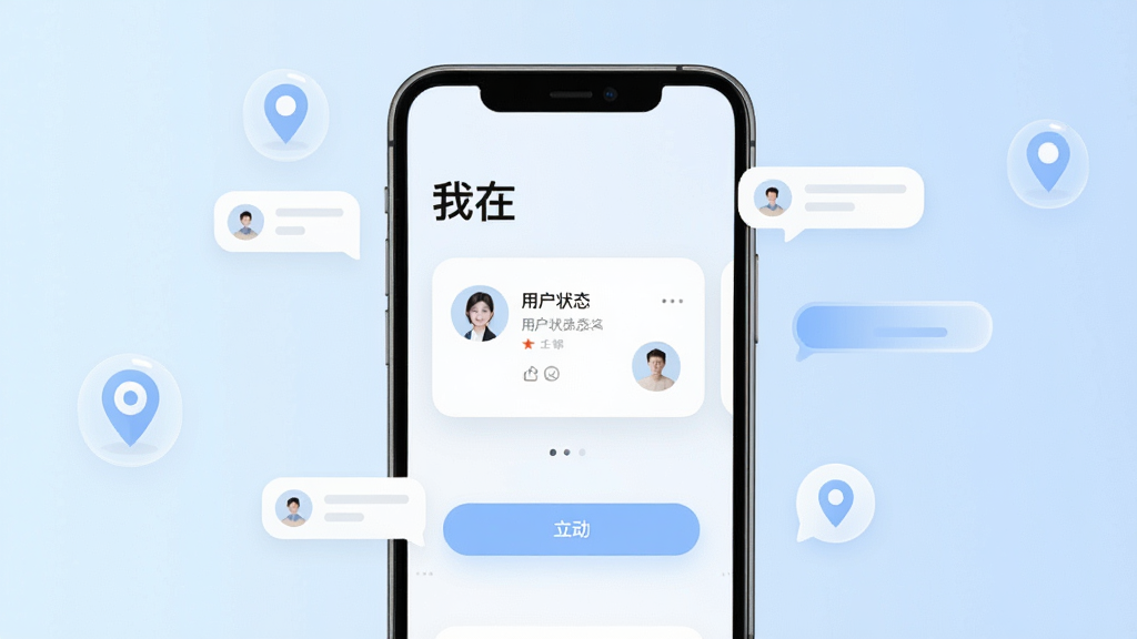 画面中央放置一部智能手机,手机屏幕显示「我在」应用的主界面,界面采用浅色背景与圆角卡片布局,顶部有“我在”文字标识,中部展示用户状态卡片与互动按钮,周围环绕简洁的聊天气泡与定位图标,背景为柔和的渐变浅蓝色,风格清新简约,细节清晰,画质干净,无多余元素