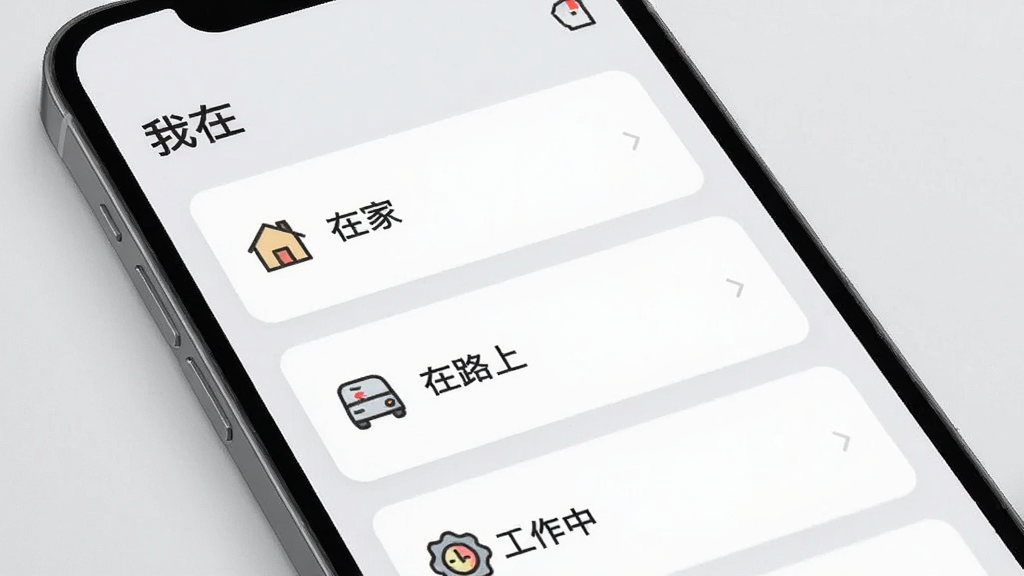 画面展示「我在」应用的状态发布界面,手机屏幕中排列着多个状态卡片,如“在家”“在路上”“工作中”,每张卡片配有简约图标与文字,背景为浅灰色,界面干净整洁,风格现代简约,细节精致,画质清晰,无杂乱元素