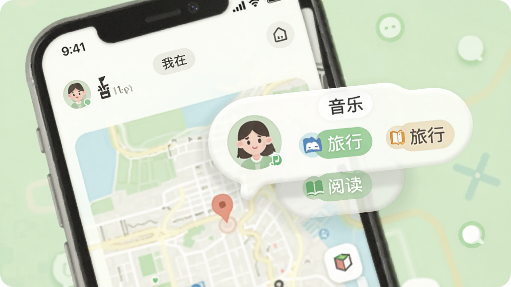 画面呈现「我在」应用的附近发现页面,手机屏幕显示地图与用户头像气泡,气泡旁标注兴趣标签如“音乐”“旅行”“阅读”,界面采用柔和圆角设计,背景为浅绿色调,风格清新友好,细节丰富,画质干净