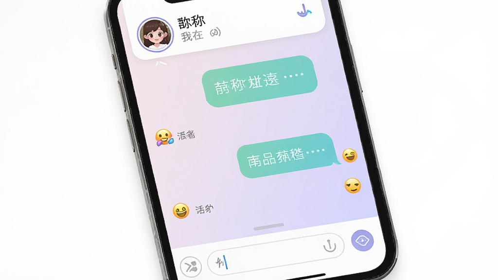 画面展示「我在」应用的聊天界面,手机屏幕中显示对话气泡与表情图标,顶部有好友头像与昵称,底部为输入框,背景为淡紫色渐变,风格柔和温馨,细节清晰,画质干净,无多余装饰