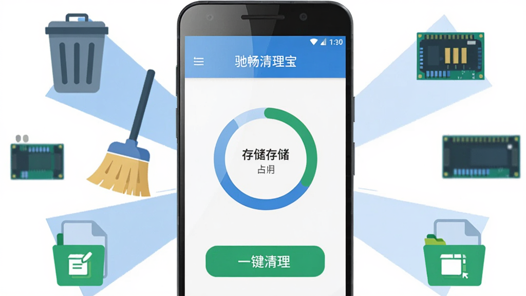 画面中央放置一部安卓手机,手机屏幕上显示“驰畅清理宝”的清理界面,界面中有环形存储占用图和“一键清理”按钮;手机周围环绕着垃圾桶、扫帚、内存条、缓存文件图标等清理元素,布局呈左右对称的放射状;整体采用扁平化插画风格,配色以蓝白为主、辅以少量绿色点缀;细节上手机屏幕有轻微高光,图标边缘干净利落;画质清晰,画面干净,无多余元素