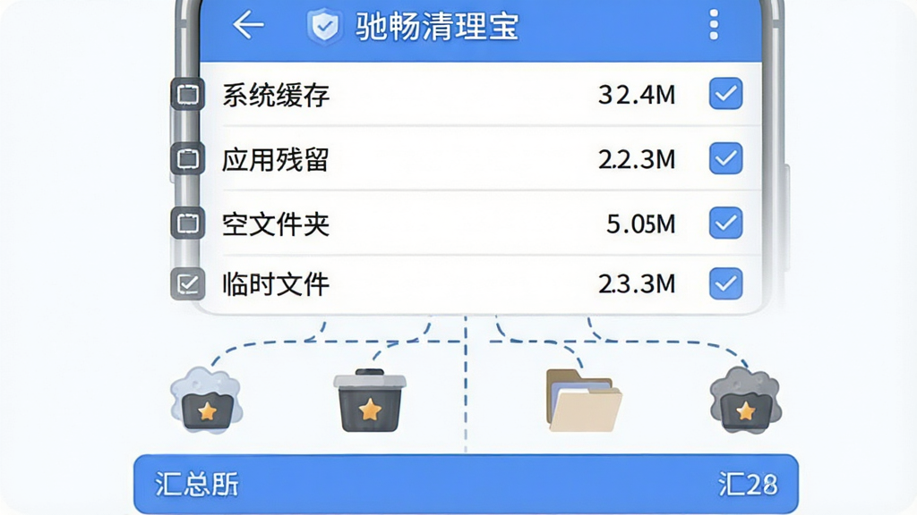 画面主体为一部手机屏幕特写,屏幕上显示“驰畅清理宝”的扫描结果列表,列表项包括“系统缓存”“应用残留”“空文件夹”“临时文件”,每项右侧有大小数值和勾选框;手机下方延伸出几条虚线连接着对应的垃圾图标,形成分类归集的视觉效果;布局为纵向列表加底部汇总条;风格为清爽的扁平化UI插画,蓝白配色;细节上勾选框为圆角方形,数值字体清晰;画质干净,无多余装饰元素