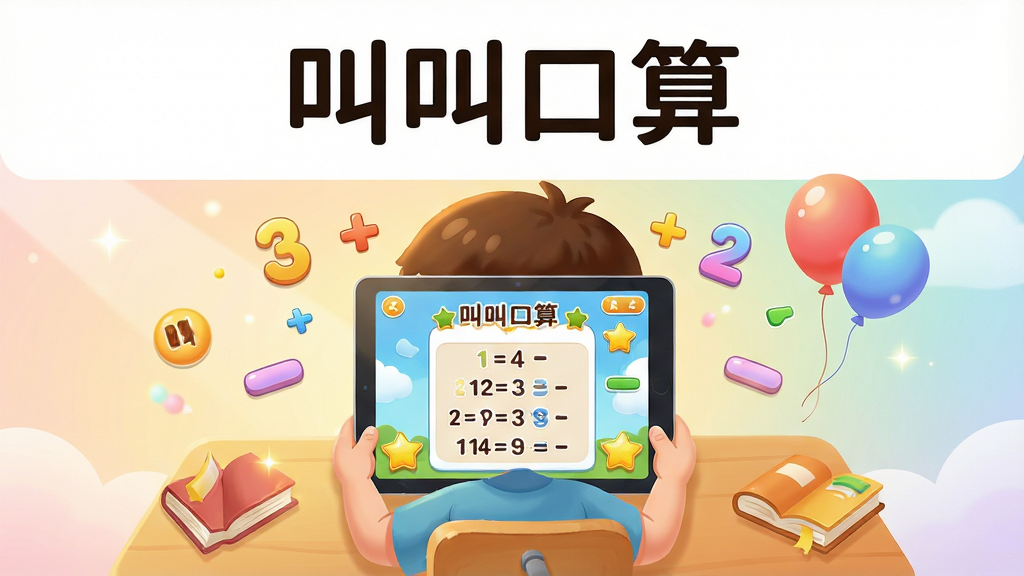 一张展示儿童在平板电脑上使用叫叫口算软件的插画,画面主体为卡通风格的小男孩坐在书桌前,桌面上放着平板电脑,屏幕上显示叫叫口算的算术题目界面和星星奖励图标,周围漂浮着数字、加号、减号、彩色气球和书本元素,布局为居中构图,上方留白放置“叫叫口算”四个字,风格为明亮活泼的儿童插画风,细节包括柔和的渐变背景、圆润的图标线条、温暖的光影效果,画质清晰干净,无多余杂乱元素