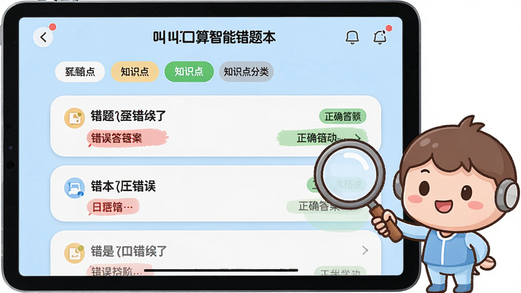 一张叫叫口算智能错题本功能的界面示意图,画面主体为平板电脑屏幕特写,屏幕上显示错题列表和知识点分类标签,旁边有卡通小助手拿着放大镜指向错题,布局为屏幕居中加小助手在右侧,风格为清新教育类UI风格,细节包括浅蓝色背景、圆角卡片式错题条目、红色标记的错误答案和绿色标记的正确答案,画质清晰干净,无多余元素