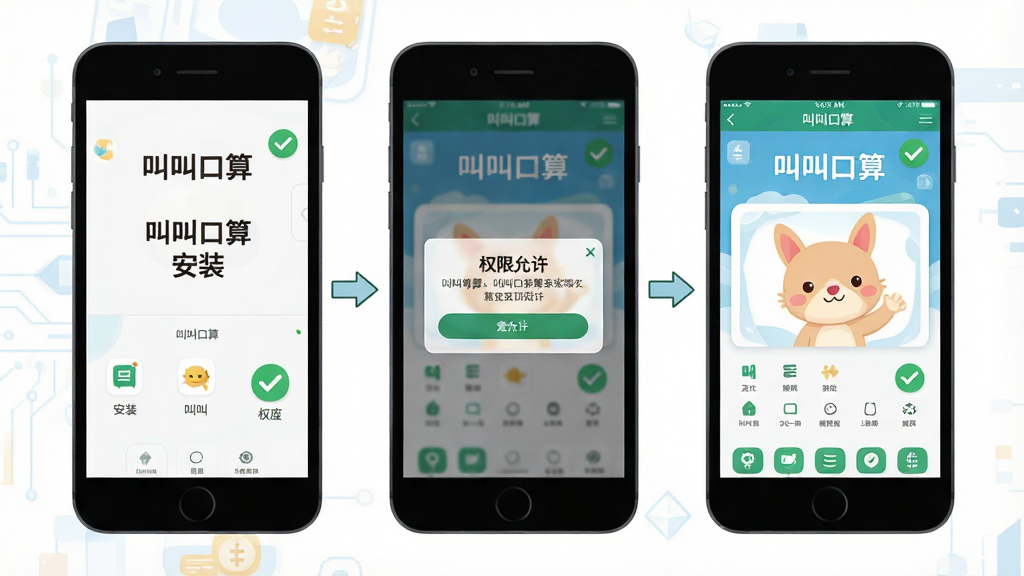 一张叫叫口算在手机端安装和权限设置的步骤示意图,画面主体为三部手机并排展示,分别呈现应用安装界面、权限允许弹窗和软件主界面,布局为横向等距排列,风格为扁平化科技插画风,细节包括每部手机屏幕上的箭头指引、绿色对勾图标和“叫叫口算”文字标识,画质清晰干净,无多余元素