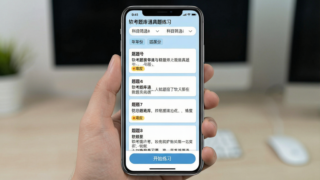 一张展示软考题库通真题练习界面的图片,主体为手机屏幕中的真题列表页,布局上顶部为科目筛选栏与年份标签,中部为题目卡片列表每张卡片显示题号、题干摘要与难度标识,下方为开始练习按钮,排版整齐有序,风格为简洁学习类界面,细节包含浅蓝色背景、白色卡片、清晰字体层级,画质高清干净无多余元素