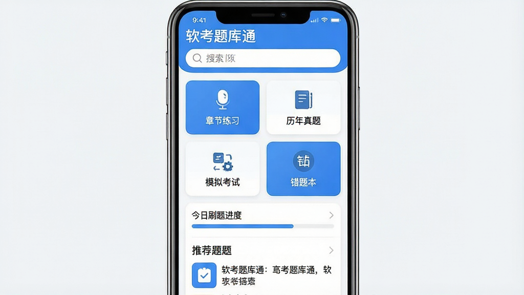 一张手机屏幕展示软考题库通APP首页界面,主体为居中竖屏手机,布局上顶部显示软件名称“软考题库通”与搜索框,中部为章节练习、历年真题、模拟考试、错题本四个功能卡片整齐排列,下方为今日刷题进度条与推荐题目列表,排版清晰层次分明,风格为清爽教育类APP界面,细节包含蓝色主色调、圆角卡片、简洁图标,画质高清干净无多余元素