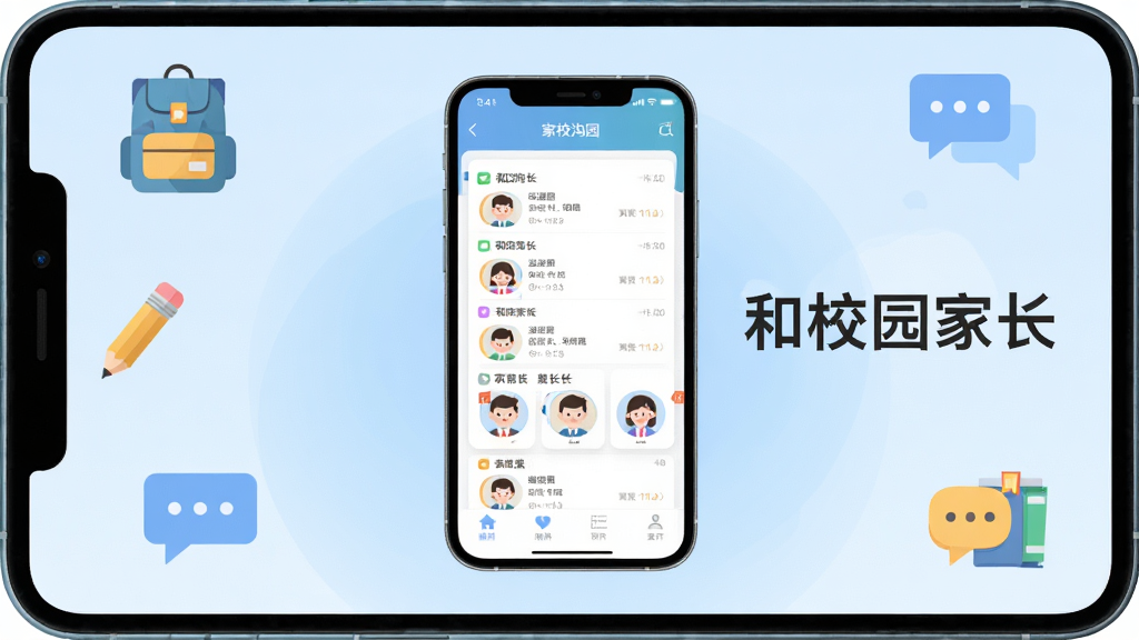 主体为一部智能手机居中放置,屏幕上显示家校沟通类应用界面,包含通知列表与班级头像布局,背景为柔和浅蓝渐变,四周点缀书包、铅笔、对话框等扁平化图标,整体采用清爽简约的插画风格,细节干净无杂乱元素,画质清晰高分辨率,画面中文字标注“和校园家长”,排版左图右文结构,无多余装饰