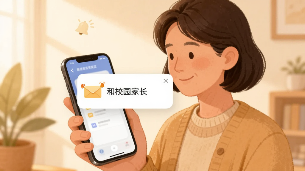 主体为一名家长手持手机查看通知的画面,屏幕中央弹出醒目的通知卡片,布局为人物半身居中、通知卡片悬浮于手机上方,风格为温暖写实插画,细节包含信封图标与提示铃铛,画质清晰干净,画面文字写“和校园家长”,整体色调柔和无多余元素