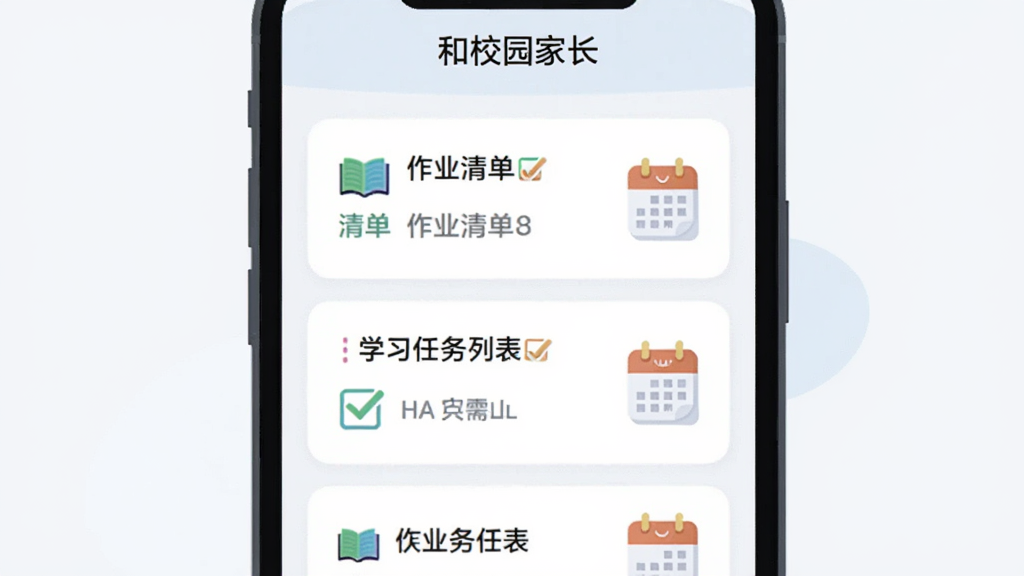 主体为手机屏幕展示作业清单与学习任务列表,布局为竖向卡片式排列,风格为扁平化教育类界面插画,细节包含书本、勾选框与日历图标,画质高清干净,屏幕上方标注“和校园家长”,背景浅灰白,无多余装饰元素