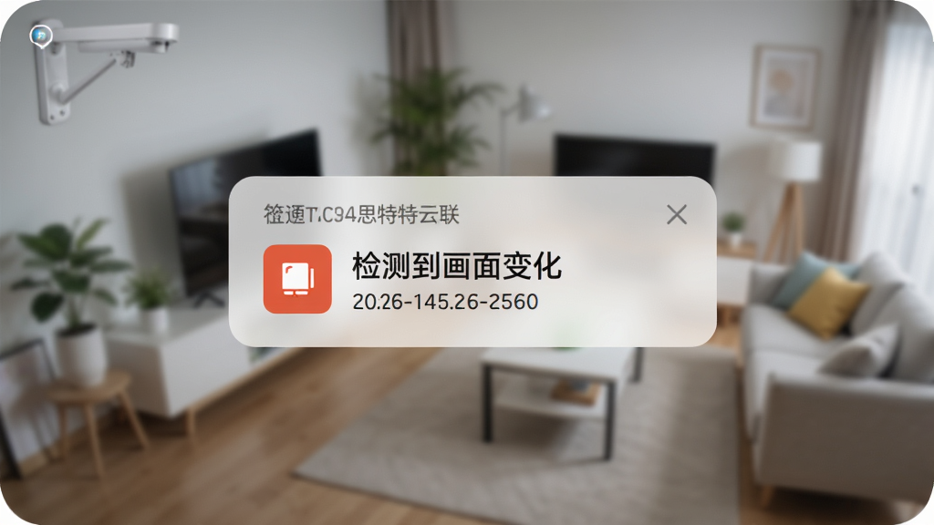 手机屏幕弹出思特云联的移动侦测告警通知卡片,卡片上显示“检测到画面变化”字样与时间信息,背景是虚化的监控画面与家居环境,整体采用明亮简洁的科技风格,画质干净,无多余元素