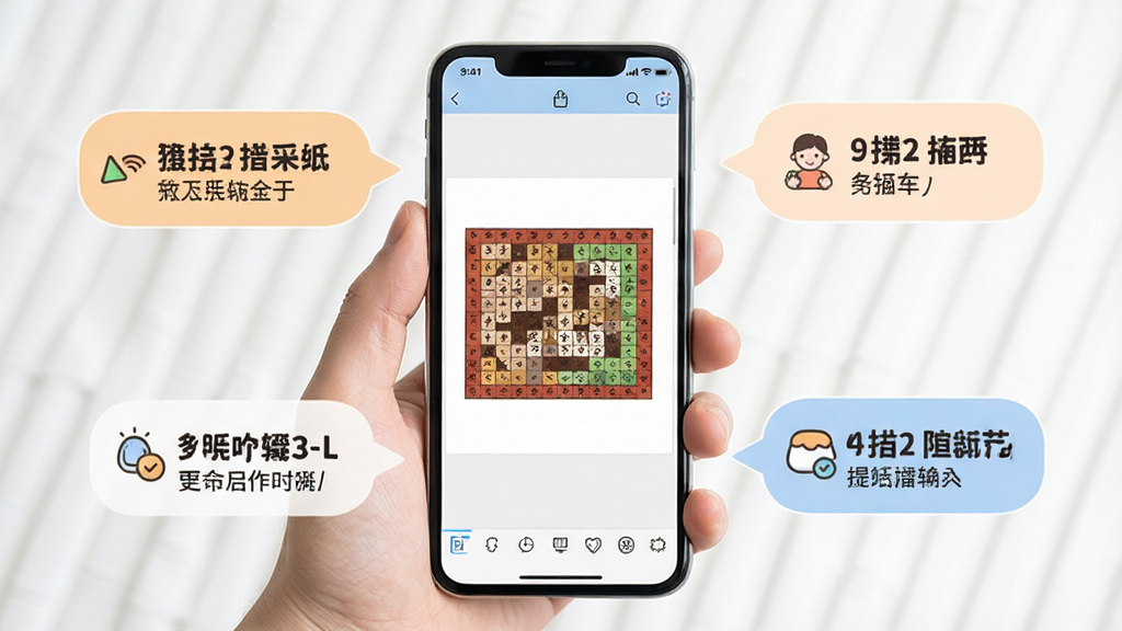 一张豆纸软件新手操作示意图,画面中一只手拿着手机,屏幕上显示拼豆图纸编辑界面,旁边有提示气泡标注操作步骤,背景简洁明亮,风格友好,画质清晰,干净无多余元素