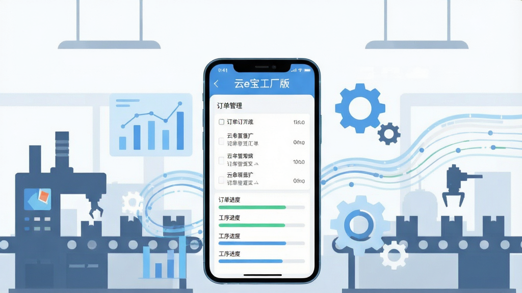 一张以工厂车间为背景的手机应用场景图,画面中央是一部竖屏智能手机,屏幕上显示