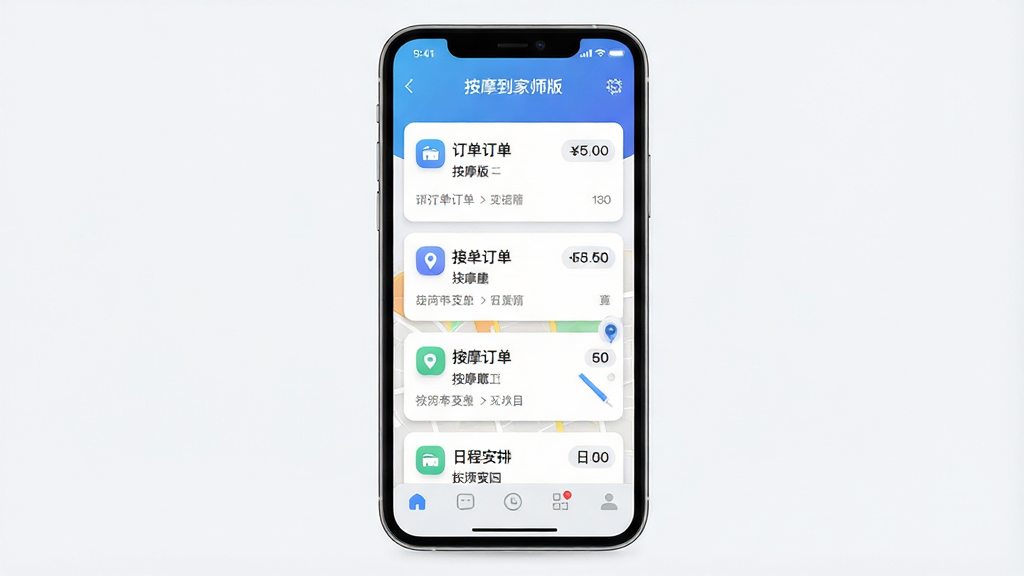 一张手机应用界面展示图,画面主体为一部竖屏智能手机,屏幕上显示按摩到家技师版的接单工作台界面,包含订单列表、地图定位和日程安排三个模块,布局采用上下分层结构,上方为蓝色渐变标题栏,中部为白色卡片式订单信息,下方为浅灰色导航按钮,风格为现代扁平化UI设计,细节包括圆角图标、柔和阴影和清晰的数字标签,画质清晰,画面干净,无多余元素