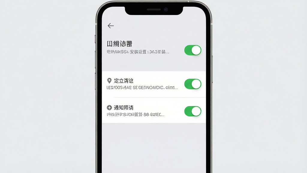 一张手机应用安装设置示意图,画面主体为手机屏幕显示权限设置页面,屏幕中央为定位与通知权限开关列表,背景为浅灰色系统设置界面,布局为纵向列表结构,风格为简洁系统风,细节包括绿色开关按钮、灰色说明文字和顶部返回箭头,画质清晰,画面干净,无多余元素