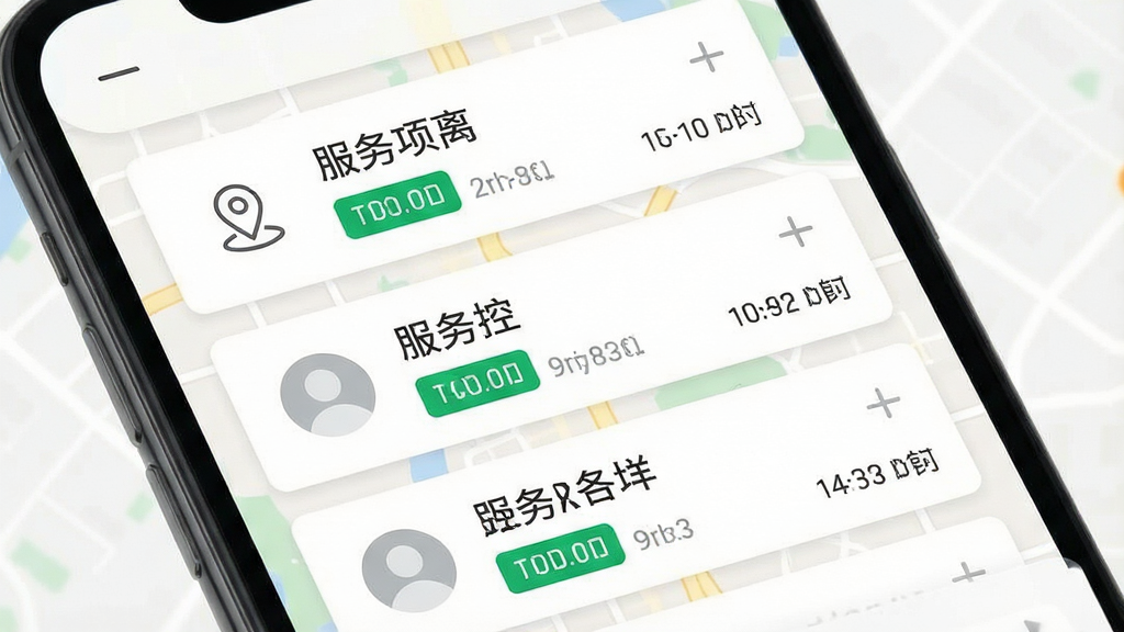 一张手机应用订单推送界面示意图,画面主体为手机屏幕特写,屏幕中央显示附近订单列表,每条订单包含服务项目名称、距离标签和时间段,背景为浅色地图轮廓,布局为纵向卡片流,风格为清爽简约的移动端设计,细节包括定位图标、绿色距离标签和圆形头像占位,画质清晰,画面干净,无多余元素