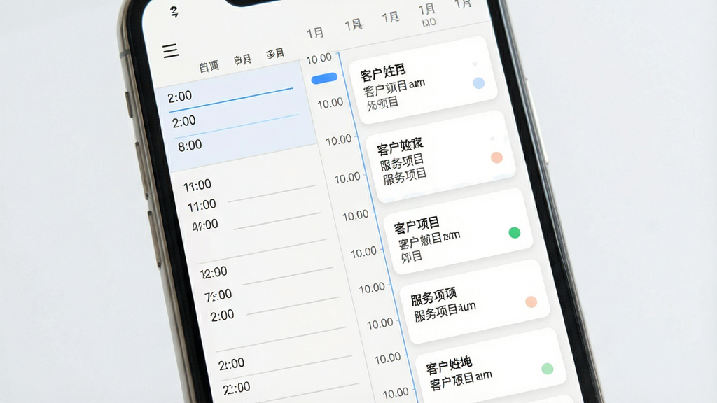 一张手机应用日程管理界面示意图,画面主体为手机屏幕,屏幕显示日历视图与当日订单时间轴,左侧为日期栏,右侧为按小时排列的服务卡片,卡片上标注客户姓氏与服务项目,布局为左右分栏结构,风格为柔和浅色系商务风,细节包括蓝色时间刻度线、灰色分隔线和圆形状态标记,画质清晰,画面干净,无多余元素