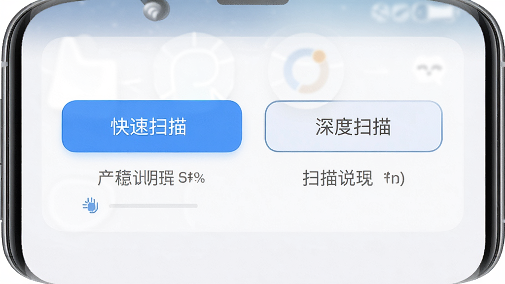 手机数据恢复精灵扫描模式选择界面,手机屏幕中央显示快速扫描与深度扫描两个按钮,按钮下方有进度说明文字,背景为白色卡片式布局,风格简约现代,细节清晰,画质干净,无多余元素