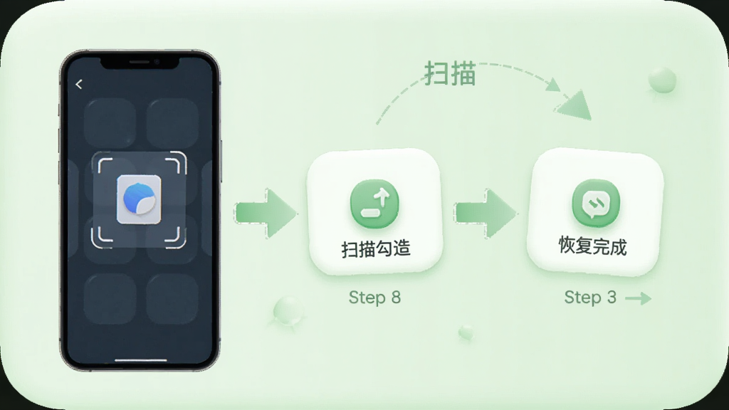 手机数据恢复精灵操作教程示意图,画面中一部手机显示恢复步骤流程图,从扫描到勾选再到恢复完成三个步骤用箭头连接,背景为浅绿色,风格柔和圆角,细节清晰,画质干净,无多余元素