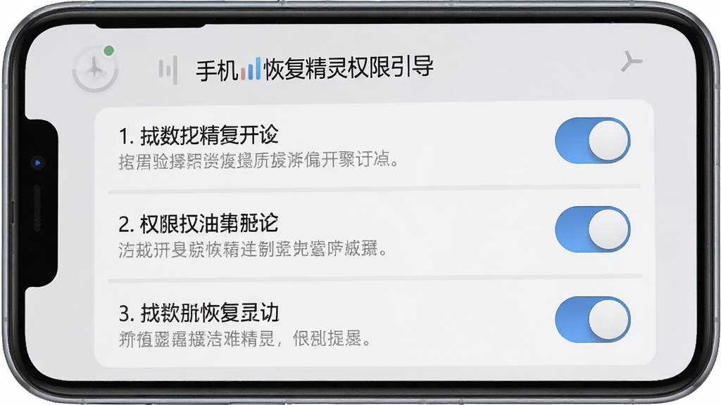 手机数据恢复精灵权限引导页面,手机屏幕显示权限开启步骤列表,每项权限旁有开关按钮与说明文字,背景为浅灰色,风格素雅极简,细节清晰,画质干净,无多余元素