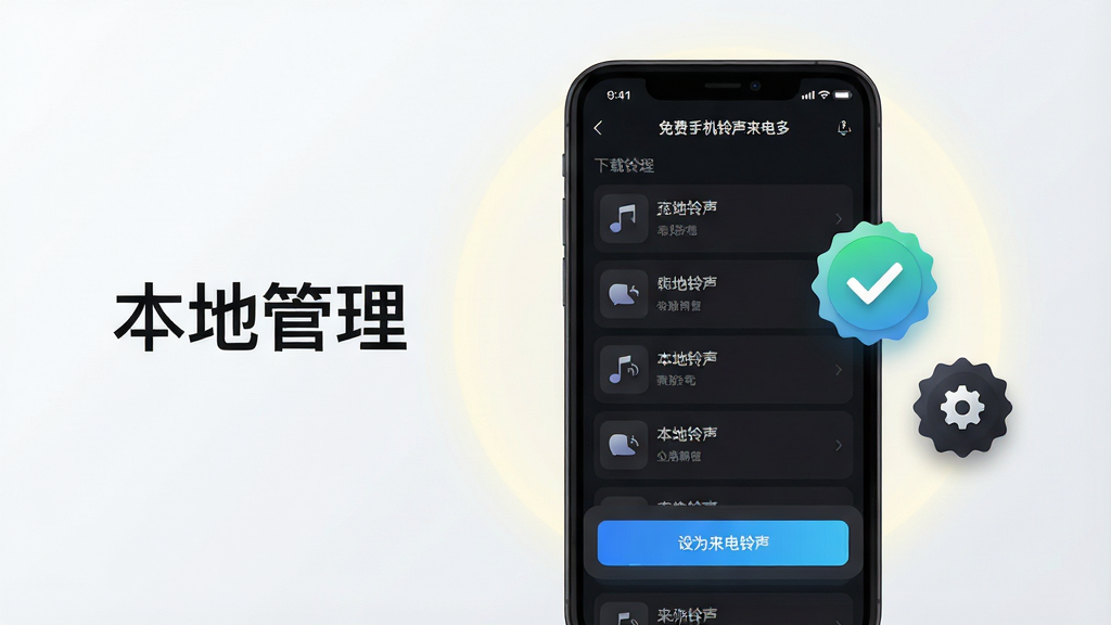 画面主体为“免费手机铃声来电多”软件内的本地铃声管理页面,手机屏幕显示已下载铃声列表与“设为来电铃声”按钮,手机右侧悬浮一个对勾徽章与齿轮图标,布局为手机居中偏右、左侧放置简洁文字“本地管理”,风格为现代扁平化科技插画风,细节包括深色模式界面、高亮操作按钮、细腻的图标阴影与柔和的背景光晕,画质清晰干净,无多余元素