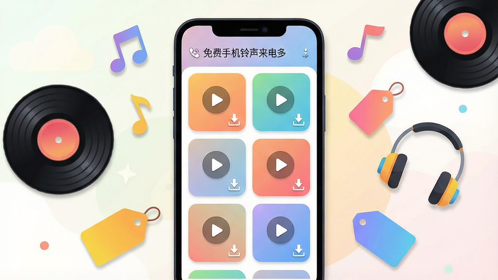 一款名为“免费手机铃声来电多”的安卓软件界面展示图,画面主体为手机屏幕内呈现网格状铃声分类列表,每个卡片带有播放按钮与下载图标,手机旁边散落着音符、唱片、耳机与彩色标签,布局为手机居中、四周元素环绕,风格为明亮活泼的扁平插画风,细节包括圆角卡片、柔和渐变底色、清晰的图标线条与适度的投影效果,画质干净清晰,无多余元素