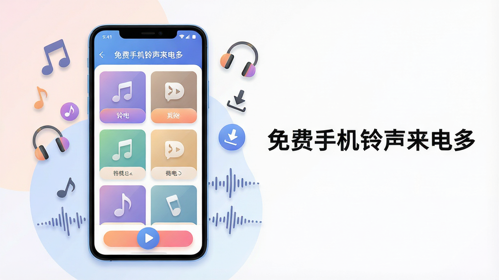 画面主体为一部竖屏安卓手机,屏幕中显示“免费手机铃声来电多”软件首页界面,界面内整齐排列多个铃声分类卡片与播放按钮,手机周围环绕漂浮着音符图标、耳机、下载箭头与音频波形等元素,布局采用手机居中偏左、右侧留白放置文字标题“免费手机铃声来电多”,整体风格为清爽扁平化UI插画风,细节包括柔和的渐变背景、圆角卡片、高亮按钮与细腻的阴影层次,画质清晰干净,无多余杂乱元素
