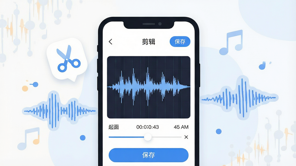 画面主体为“免费手机铃声来电多”软件的铃声剪辑界面,手机屏幕显示音频波形图与起止时间滑块,屏幕上方有“剪辑”标题与保存按钮,手机左侧漂浮剪刀图标与音频波形装饰,布局为手机居中、左右两侧对称放置装饰元素,风格为清新简约的扁平插画风,细节包括浅色背景、蓝色主色调按钮、清晰的波形线条与柔和的圆角设计,画质干净明亮,无多余元素