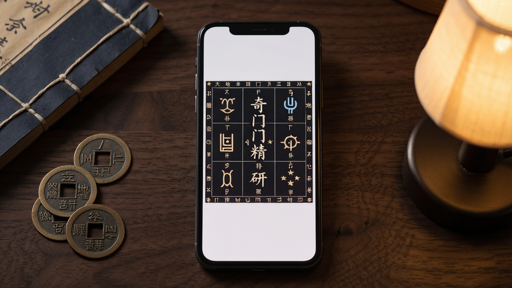 主体为一部竖屏智能手机,屏幕中显示奇门遁甲九宫格排盘界面,盘面中央有