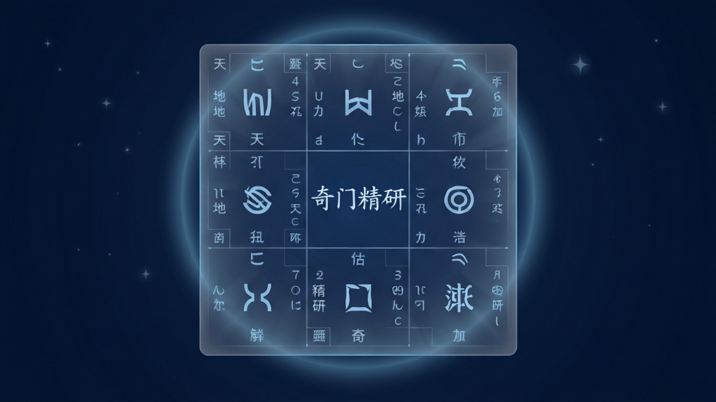 主体为一块悬浮于深蓝色背景中的半透明九宫格盘面,每个格子内标注天干地支与八门名称,盘面中央显示