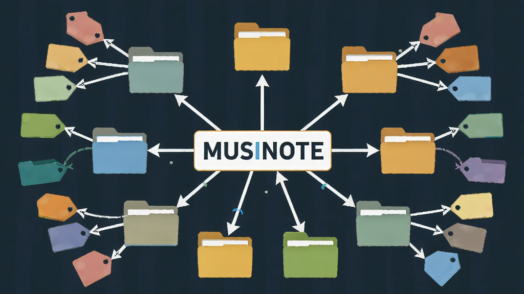 一张信息结构示意图,中心是“MUSINOTE”文字标识,向外延伸出多个文件夹图标和彩色标签图标,文件夹与标签之间有连线交叉,布局呈放射状,风格为清爽的矢量信息图,细节包括图标的不同颜色和连线箭头,画质干净清晰,无多余装饰