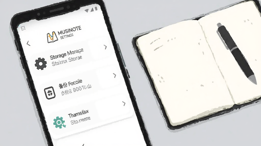 一部手机屏幕显示MUSINOTE的设置界面,界面中有存储管理、备份导出和主题切换选项,旁边放置一个打开的笔记本和一支笔,背景为浅灰色桌面,风格为简约实用的扁平插画,细节包括设置项的文字线条和图标,画质清晰干净,无多余元素
