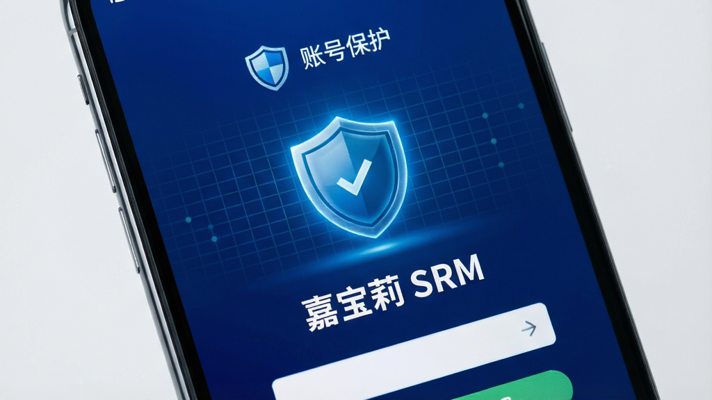 画面为一部手机屏幕特写,显示“嘉宝莉 SRM”安全登录界面,屏幕上方有盾牌图标与“账号保护”字样,背景为深蓝渐变,布局为居中特写构图,风格为科技安全风,细节包括发光盾牌、细线网格背景、清晰界面元素,画质干净,无多余元素