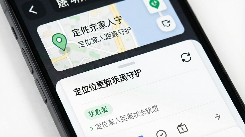一张表现位置更新状态提示功能的手机界面,主体为屏幕中显示位置卡片与状态标签,布局为上方地图小窗、下方信息卡片,排版为上下结构,风格为简洁商务风,细节包括“定位家人距离守护”软件名、灰色状态提示文字、刷新图标,画质清晰干净无多余元素