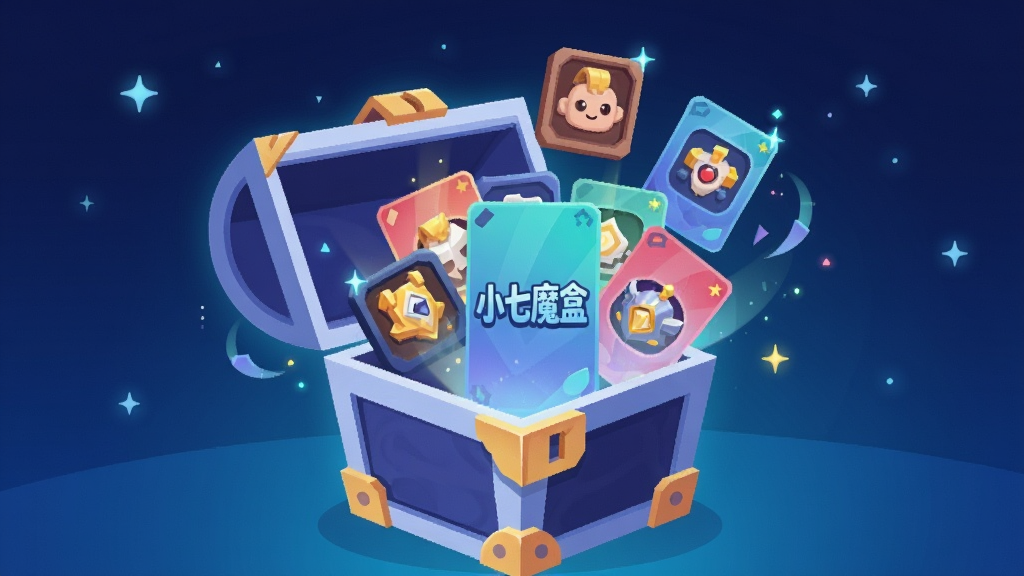 一张表现游戏资源聚合概念的数字插画,画面主体是一个打开的虚拟宝盒,盒中飞出多个游戏图标与彩色卡片,卡片上带有