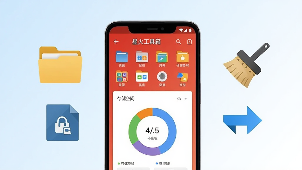 画面中央放置一部安卓手机,手机屏幕显示星火工具箱主界面,界面包含文件分类图标与存储空间环形图;手机左侧漂浮几个文件夹图标和压缩包图标,右侧漂浮清理刷子和转换箭头图标;背景为浅蓝到白色的柔和渐变,整体采用扁平化科技风格,细节干净利落,画质清晰,无多余装饰元素
