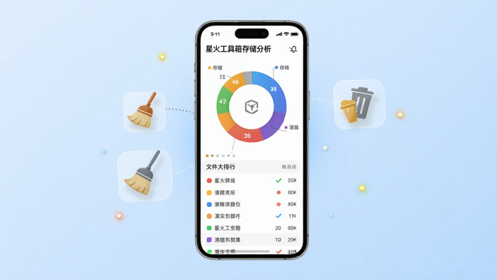 画面中央为星火工具箱存储分析页面,手机屏幕显示彩色环形存储占比图和下方文件大小排行列表,旁边漂浮扫帚和垃圾桶图标表示清理功能;背景为淡蓝色渐变,风格为数据可视化科技风格,细节清晰,画质干净,无多余装饰