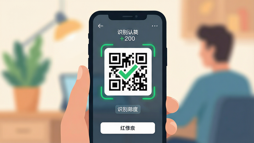 一张表现日常生活便携扫码软件快速识别二维码的图片,主体为手机屏幕中央的扫码框精准框住二维码并显示识别成功的绿色对勾,布局为手机特写居中、背景虚化,排版以扫码界面为核心,风格为科技感与生活感结合的扁平插画风,细节包括屏幕上的识别速度标识与简洁按钮,画质清晰、画面干净、无多余元素