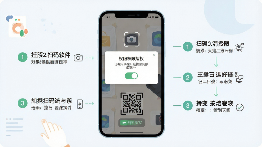 一张展示日常生活便携扫码软件新手使用引导界面的图片,主体为手机屏幕显示权限授权提示与扫码操作示意图,布局为手机居中、旁边配有简洁的操作步骤标注,排版清晰易读,风格为清爽的扁平化教程插画风,细节包括摄像头图标、权限开关示意与步骤序号,画质高清、画面干净、无多余元素