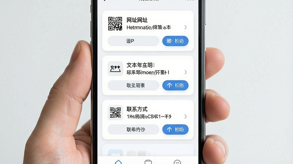 一张展示日常生活便携扫码软件解析多种二维码内容类型的图片,主体为手机屏幕并列展示网址、文本、联系方式三类识别结果卡片,布局为手机居中、卡片纵向排列,排版清晰分区,风格为简洁现代的UI界面展示风,细节包括每张卡片上的图标与操作按钮,画质高清、画面干净、无多余元素