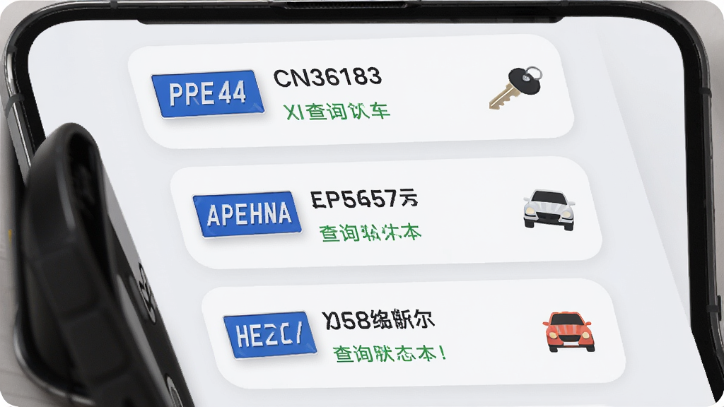交通违章查询多车辆管理界面,手机屏幕显示三张车辆信息卡片纵向排列,每张卡片包含车牌号与查询状态,卡片采用圆角设计,背景为淡灰色,旁边点缀钥匙与小汽车图标,风格清新简约,排版整齐,高清画质,画面干净,无多余元素