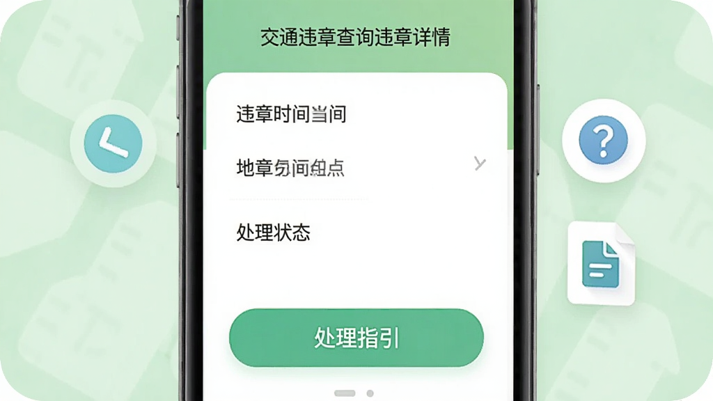 交通违章查询违章详情页面,手机屏幕展示违章时间地点与处理状态信息,页面下方有处理指引按钮,屏幕旁配有问号图标与文档图标,背景为浅绿色,风格清爽友好,排版层次分明,高清画质,画面干净,无多余元素