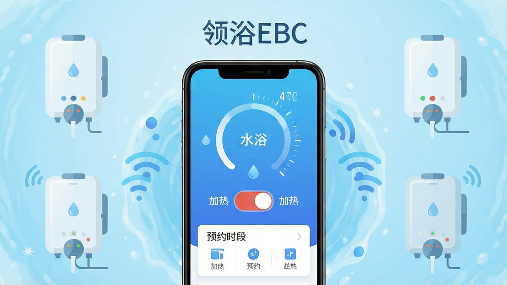 主体为一部智能手机居中显示领浴EBC应用主界面,界面内呈现水温圆环、加热开关与预约时段卡片;布局为手机屏幕四周环绕浅蓝色水波纹与热水器设备简图,形成设备与手机互联的视觉关系;排版采用居中对称构图,上方留白放置软件名称“领浴EBC”文字;风格为清爽科技感扁平化设计,配色以蓝白渐变为主;细节包含水滴图标、温度刻度、信号连接线等元素,界面文字清晰可辨;画质为高清2K,干净整洁,无多余元素