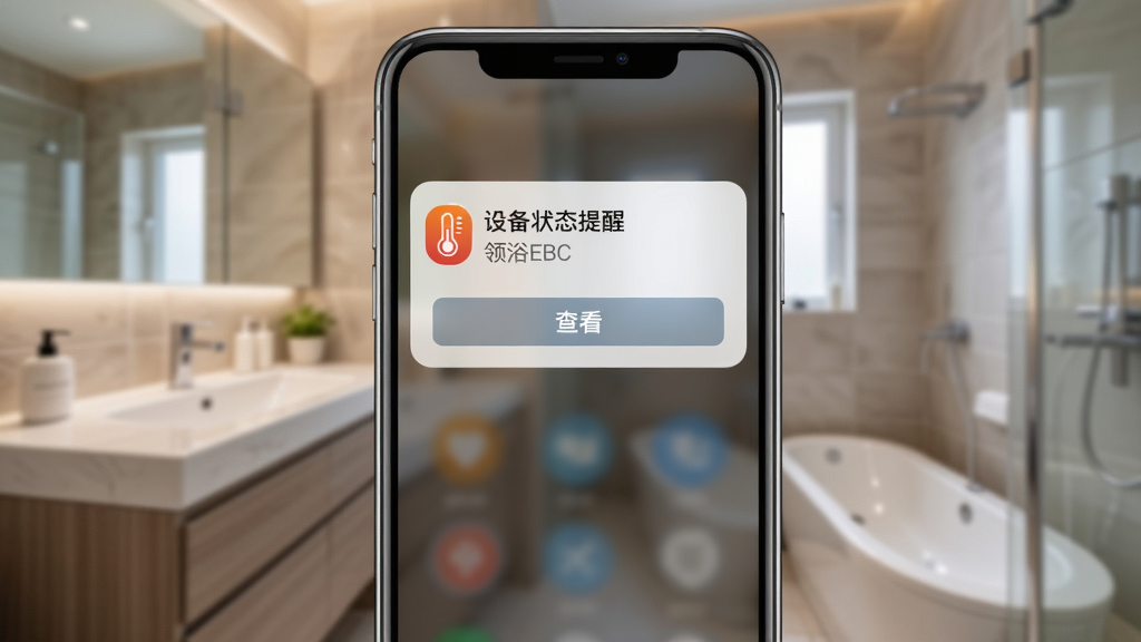 主体为手机屏幕弹出领浴EBC通知提醒卡片,卡片上显示“设备状态提醒”文字与温度异常图标;布局为手机居中,背景为家居浴室场景虚化处理;排版为竖版构图,通知卡片位于屏幕中上部;风格为生活化写实与UI界面结合;细节包含通知图标、时间戳、设备名称“领浴EBC”、查看按钮;画质清晰,画面干净,无多余元素