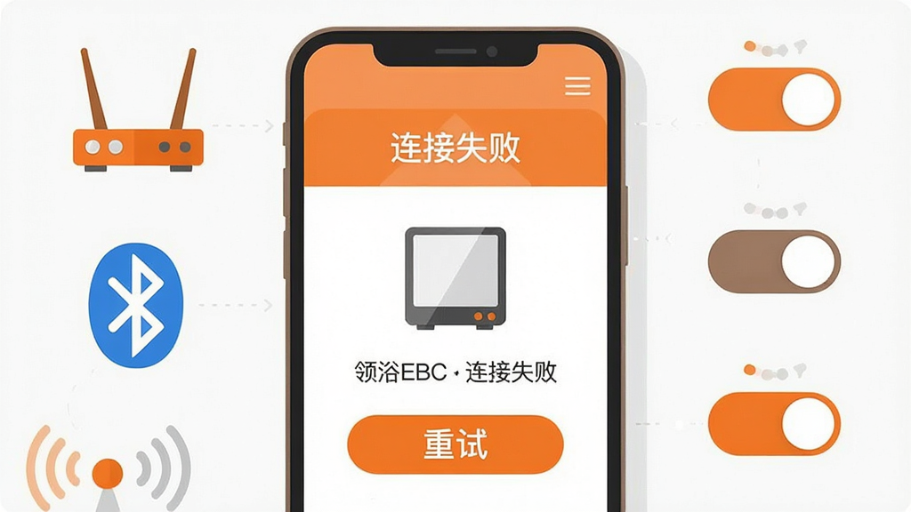 主体为手机屏幕显示领浴EBC连接失败提示页面,页面中央为设备图标与重试按钮;布局为手机居中,周围环绕路由器、蓝牙图标与权限开关示意元素;排版为竖版信息图风格;风格为扁平化说明类插画,配色以橙色与灰色为主;细节包含“连接失败”文字、重试按钮、权限开关图标、网络信号标识;画质高清,画面干净,无多余元素