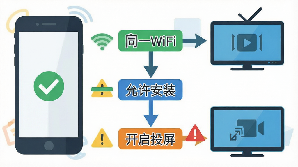 一张信息图风格图片,画面以手机和电视图标为主体,中间用箭头标注连接步骤,包含“同一WiFi”“允许安装”“开启投屏”三个文字标签,布局为纵向流程式,风格扁平化信息图,细节包括勾选图标与警示符号,画质清晰,干净无多余元素