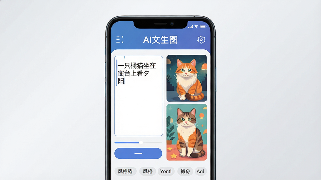 主体为一部竖屏安卓手机,屏幕中央展示AI文生图软件界面,左侧输入框写有
