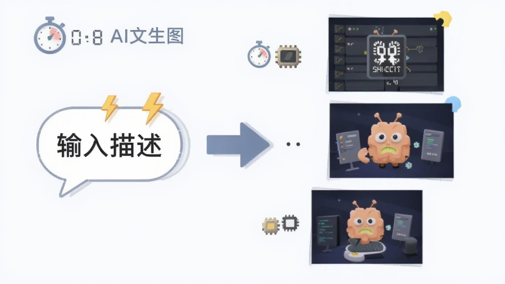 主体为AI文生图软件生成速度对比示意画面,左侧文字气泡