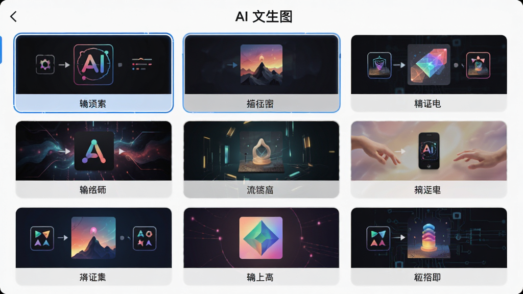 主体为AI文生图风格选择面板,九宫格展示不同风格缩略图,每格下方标注风格名称;布局为居中网格;排版整齐对称;风格为现代应用界面;细节包含