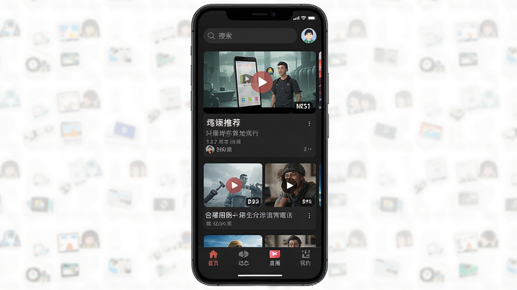 一张展示Re:哔哩终端手机端主界面的预览图,画面中央是一部竖屏智能手机,屏幕内显示深色主题的视频推荐列表界面,顶部有搜索栏和用户头像,底部有首页、动态、直播、我的四个导航图标,整体布局简洁清晰,风格为扁平化UI设计,细节上突出卡片式视频封面与标题文字,画质清晰干净,无多余元素